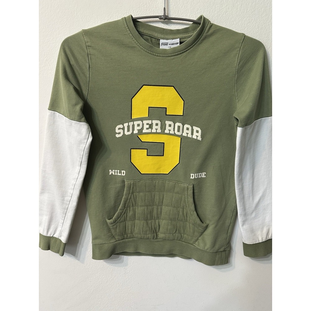 Fame Forever Boys Olive Green Graphic Sweatshirt Size 7-8Y Cotton Quilted Pocket